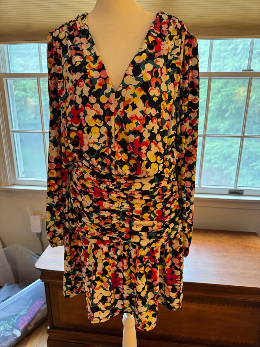 Leota Multicolor Dot-Print V-Neck Long Sleeve Ruched Dress